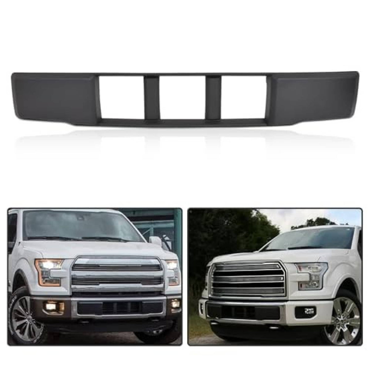 Black lower grille trim panel with four vertical slats, front view on vehicle