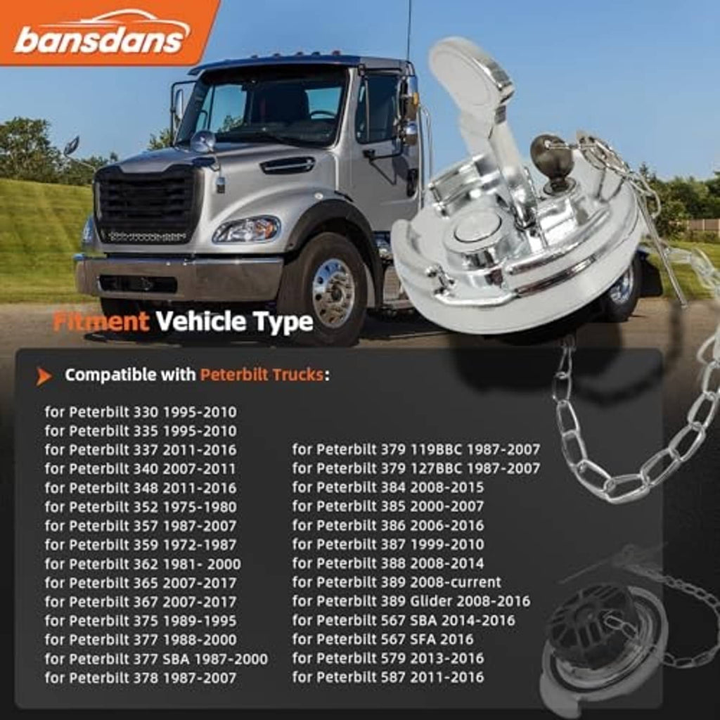 Chrome locking diesel fuel cap with lever-style lock and attached chain