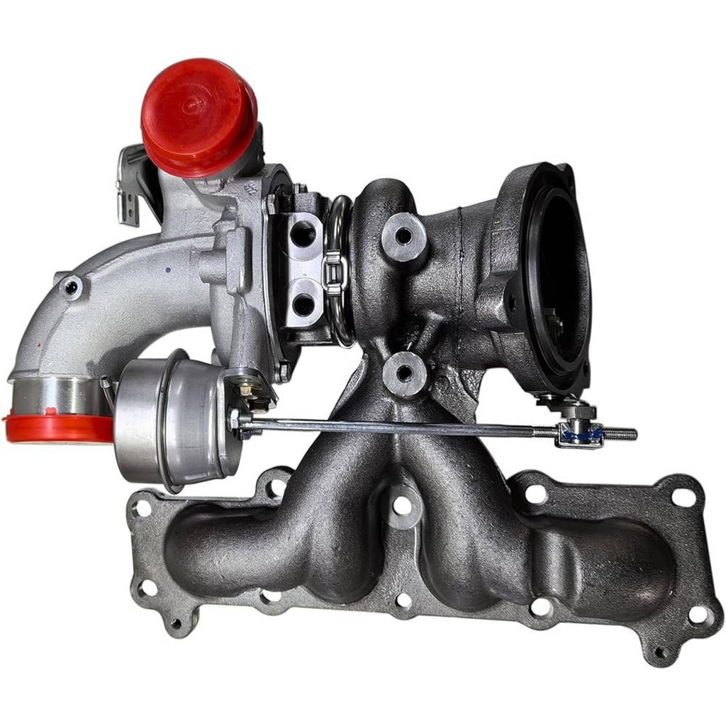 Turbocharger assembly with red cap and dark cast exhaust manifold, silver inlet housing