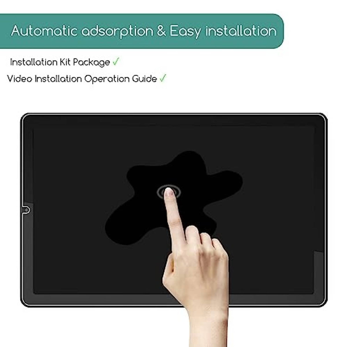 Tempered glass screen protector on tablet screen with finger touch for easy installation