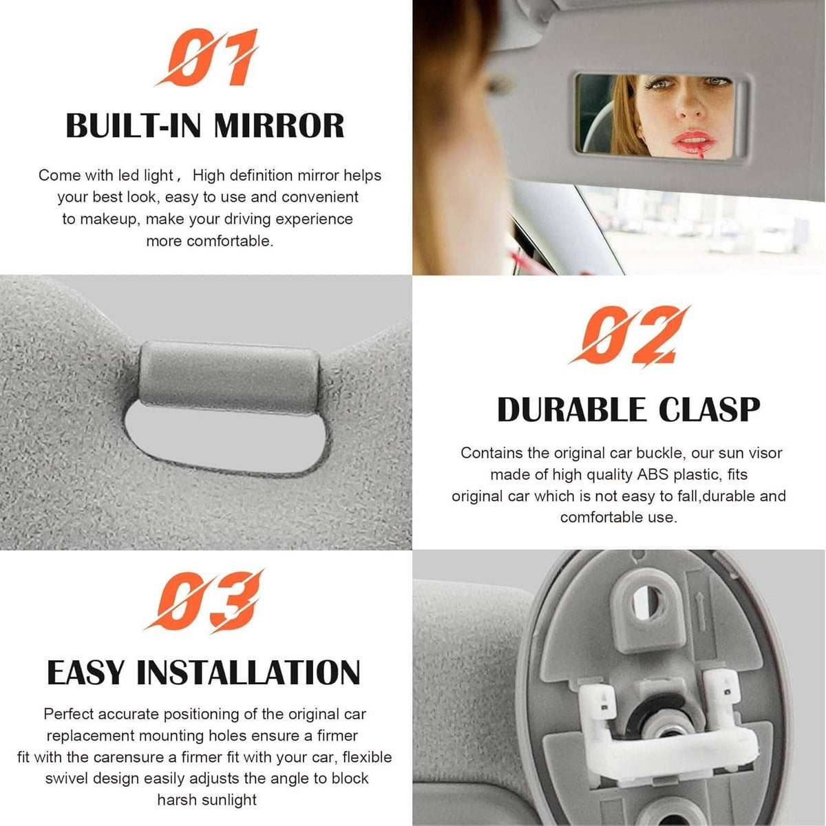 Gray sun visor with built-in mirror window and molded clasp connection
