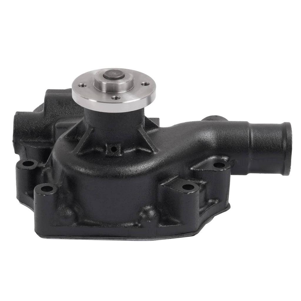 Water pump with black housing and silver top flange, side view of outlet pipe