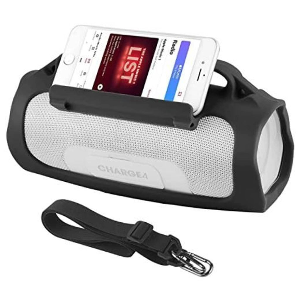 Silicone portable speaker case with black frame, gray mesh front, and front handle strap