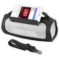 Silicone portable speaker case with black frame, gray mesh front, and front handle strap
