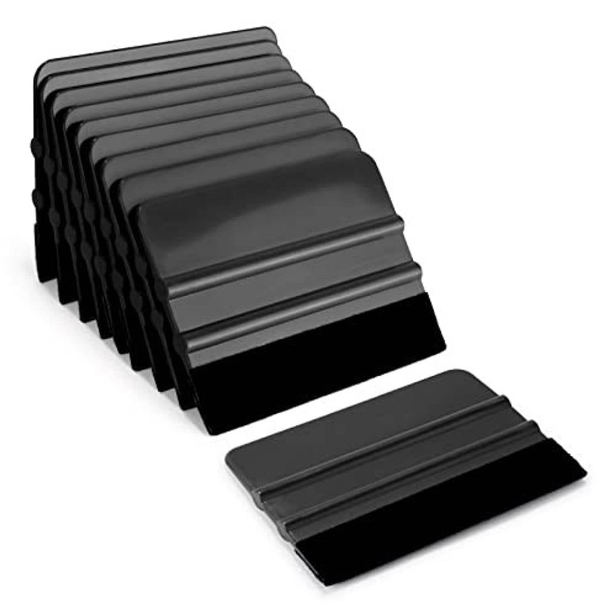 Black vinyl squeegee set with felt pad scrapers, stacked 10-pack for decal smoothing