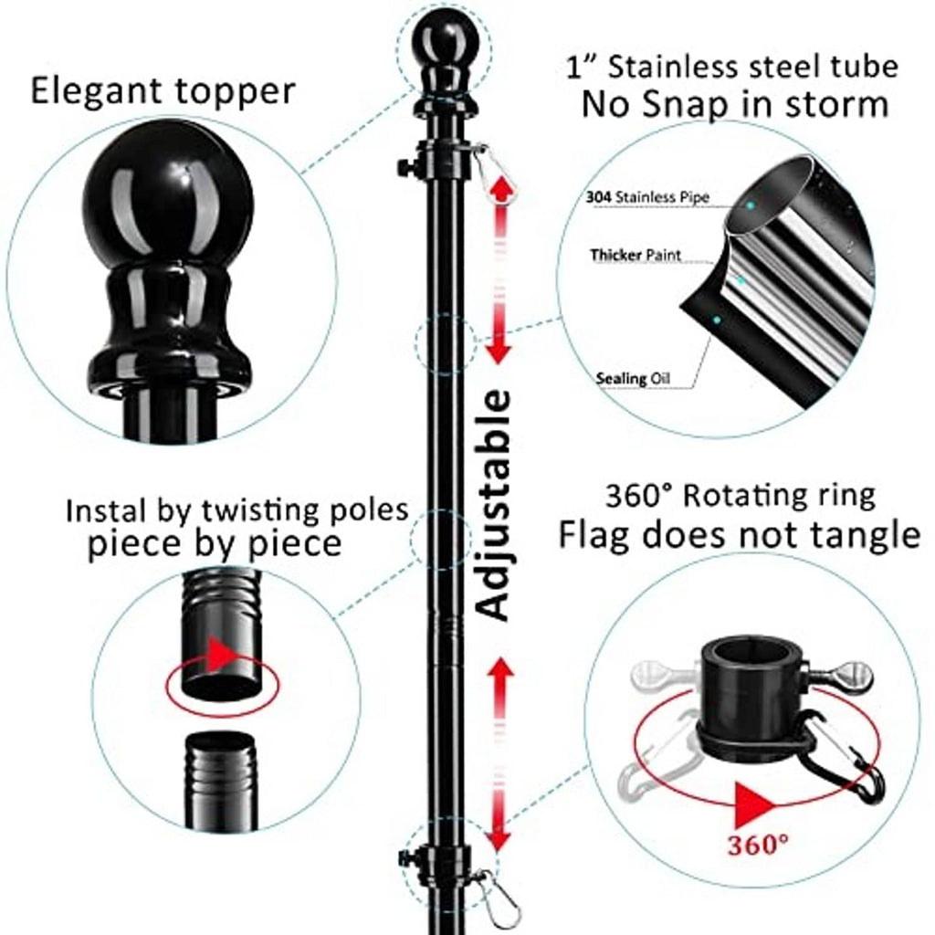Black adjustable flag pole with 360° rotating ring feature.