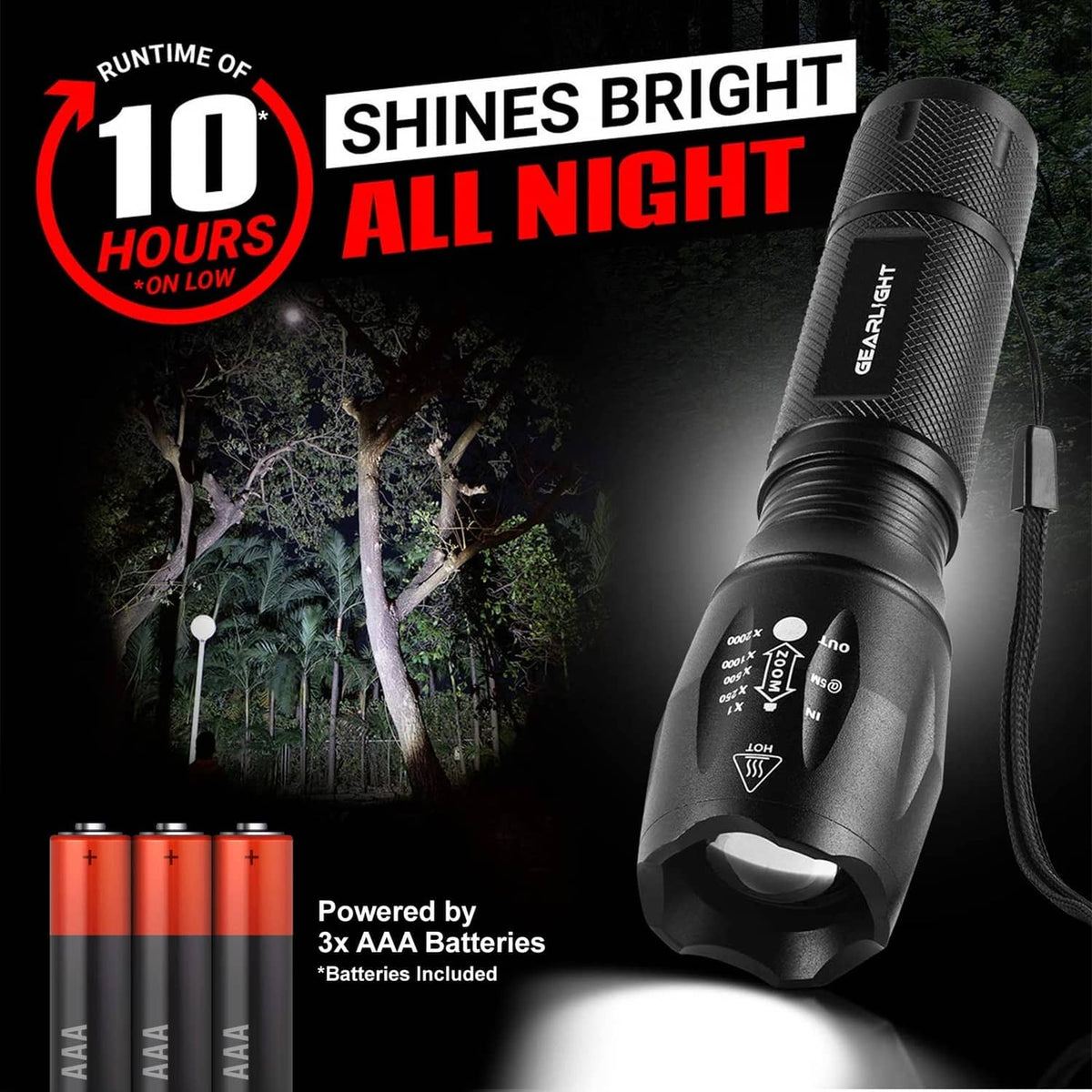 GearLight LED flashlight with inset AAA batteries, black textured grip, lanyard strap