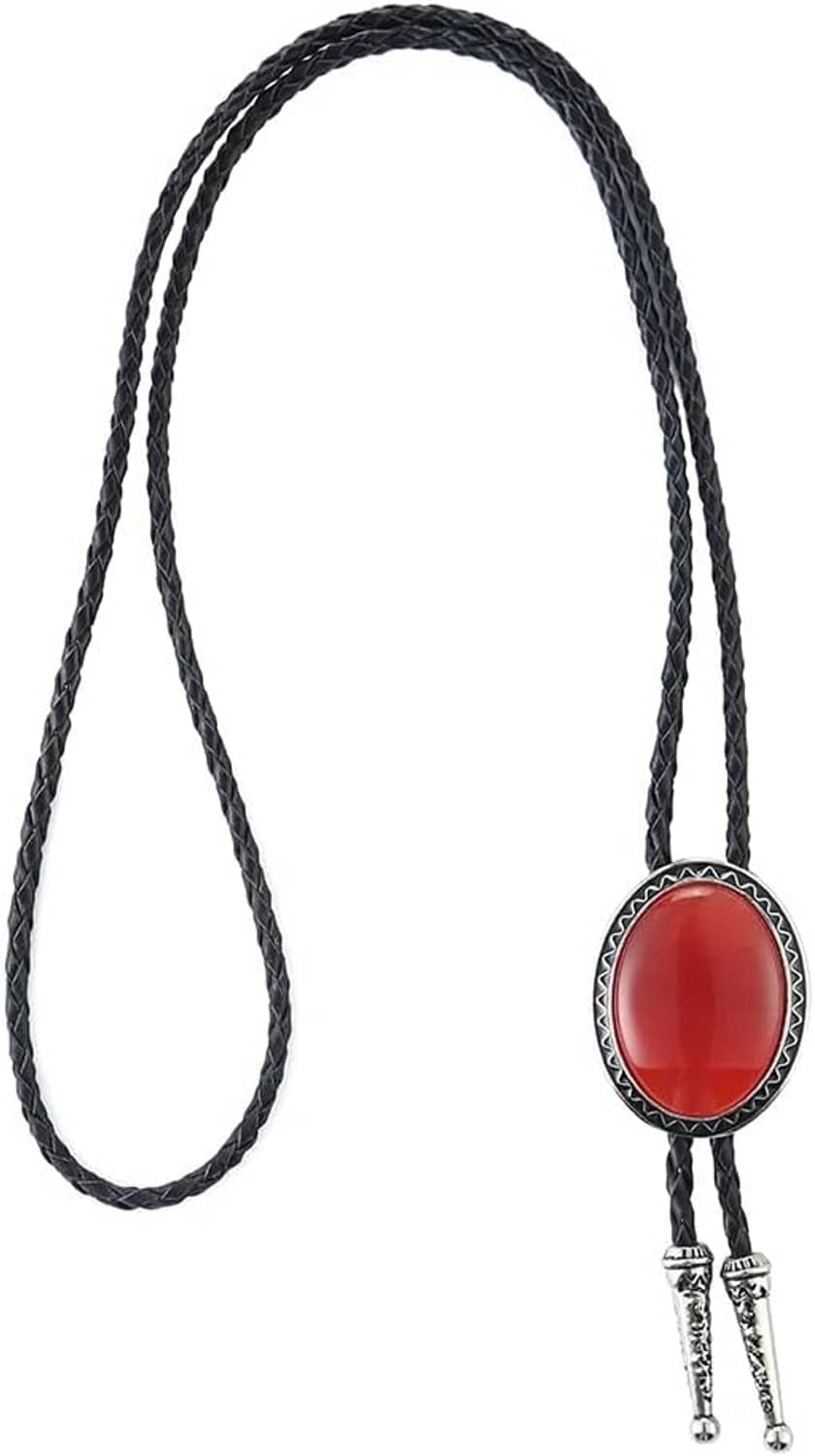 Bolo tie with black braided rope cord and red oval pendant with silver border
