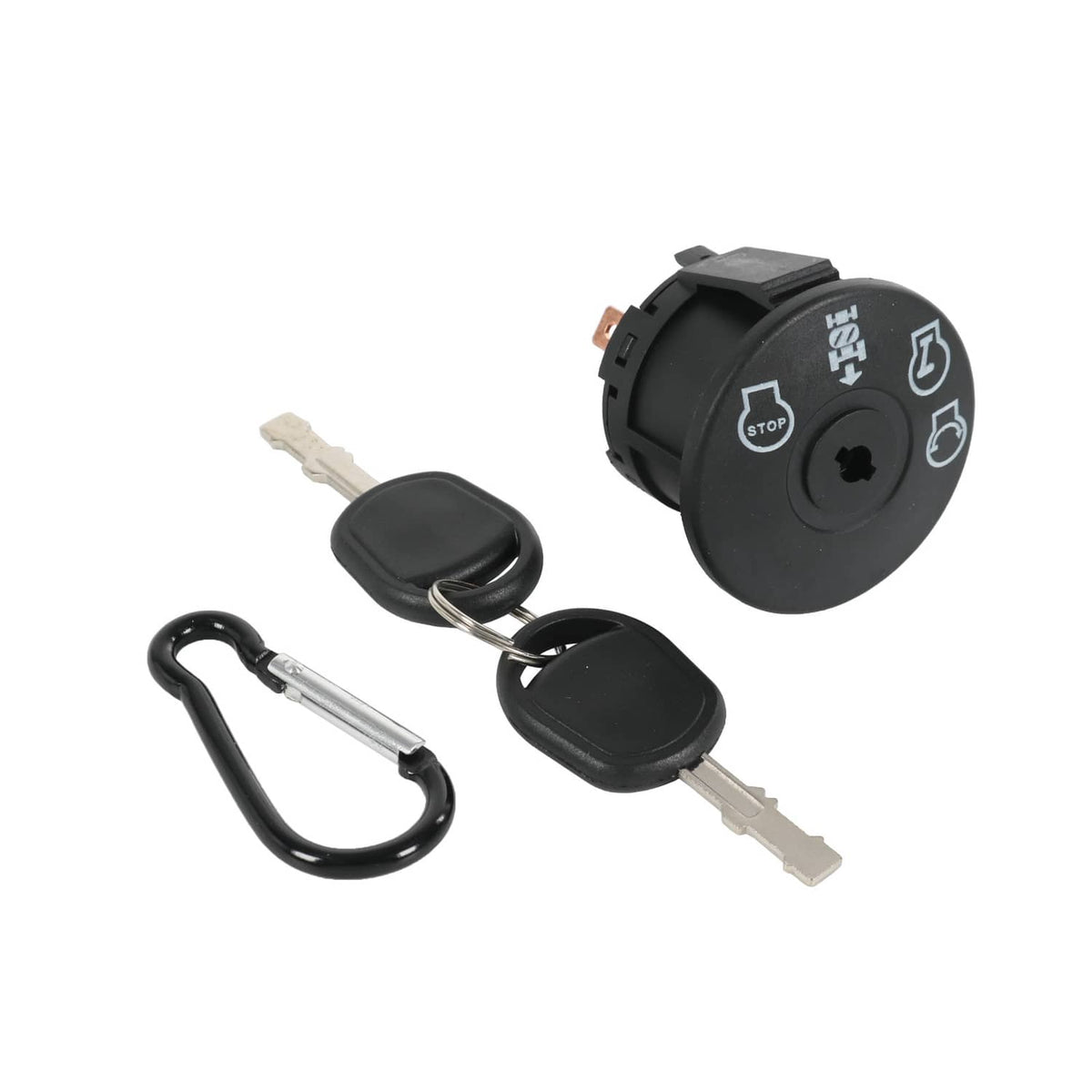 Black ignition switch starter with two keys, metal key ring, and lanyard hook.