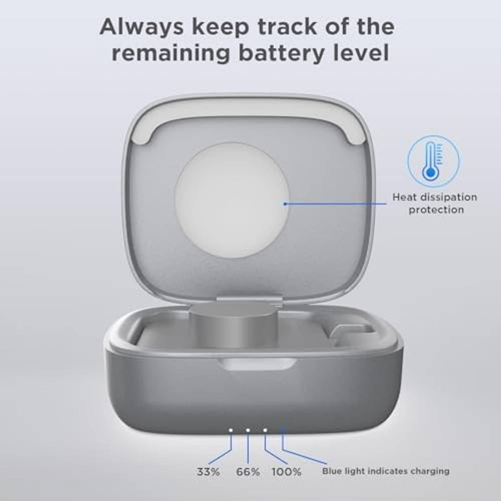 Silver charging case open with ring dock, indicator lights along the base