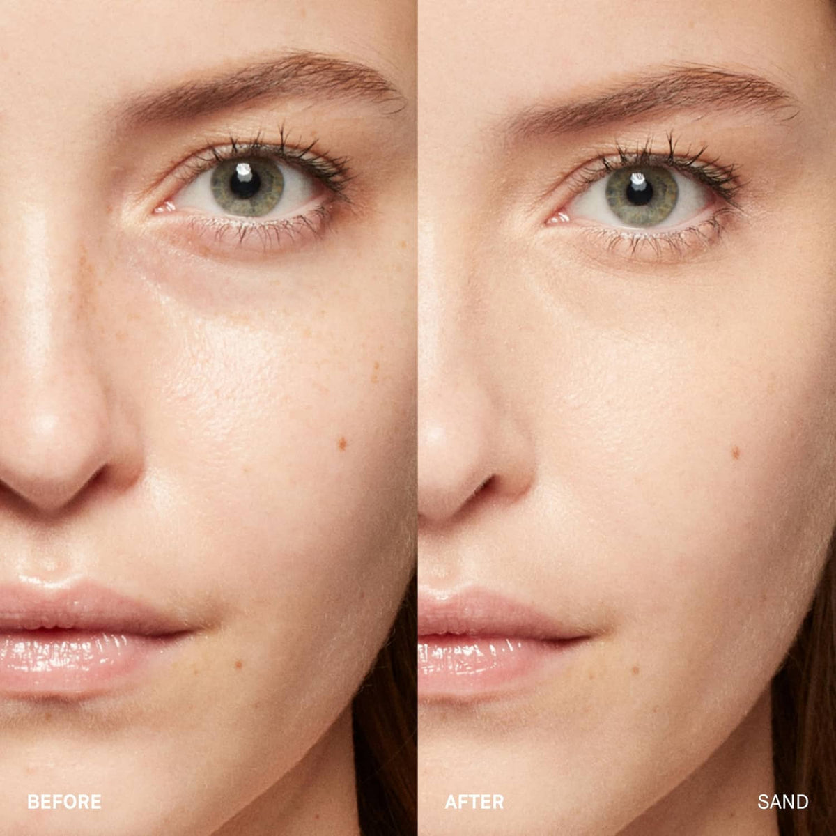 Sand concealer applied under eyes on face for smooth light coverage