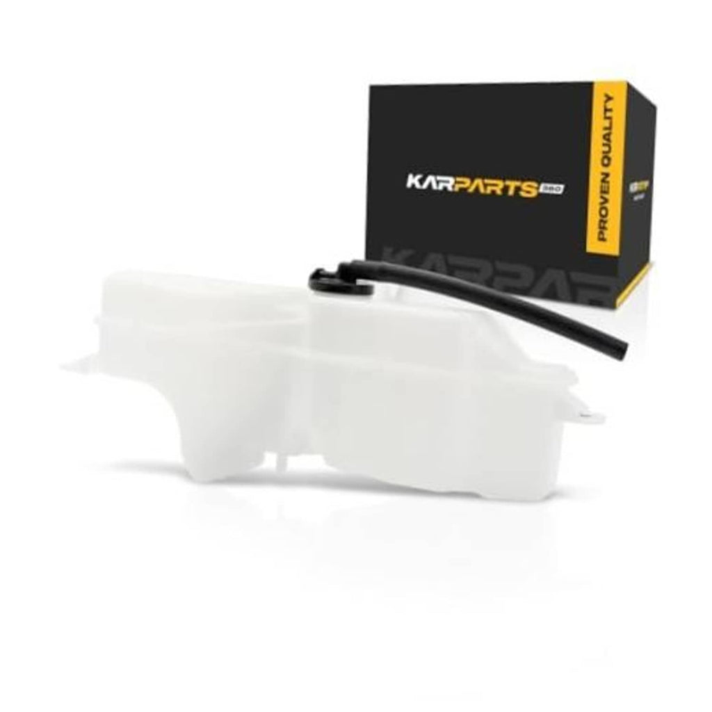 Coolant recovery tank reservoir assembly with black hose and cap, white plastic.