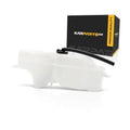 Coolant recovery tank reservoir assembly with black hose and cap, white plastic.