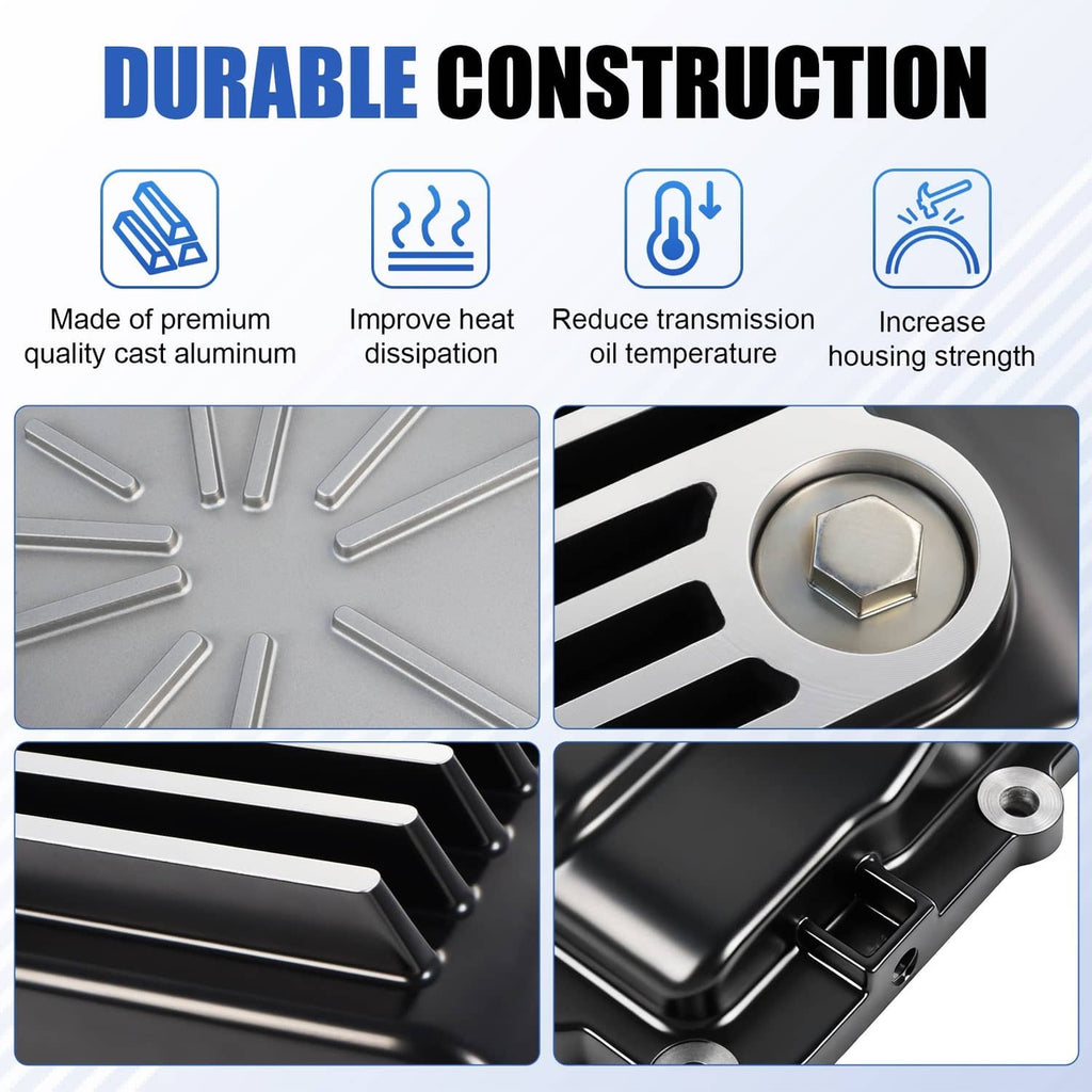 Black transmission pan with cast aluminum construction and reinforced corners