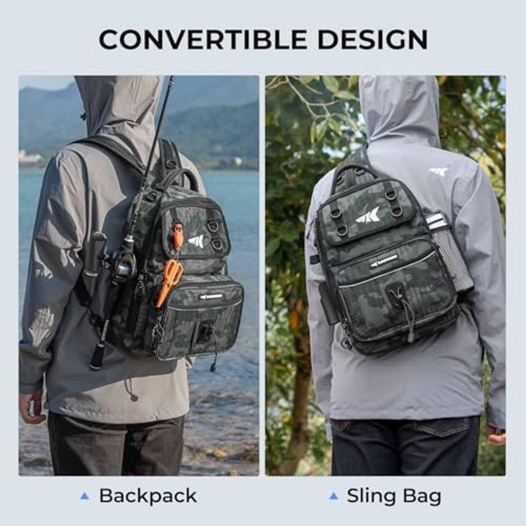 Black camo fishing bag shown as both backpack and sling from front view