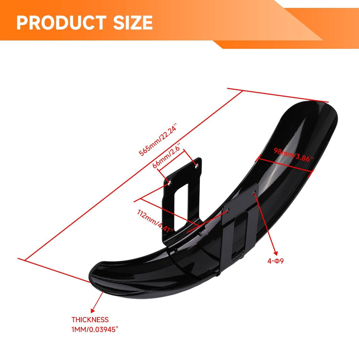 Black front fender showing thickness and length lines, with mounting bracket