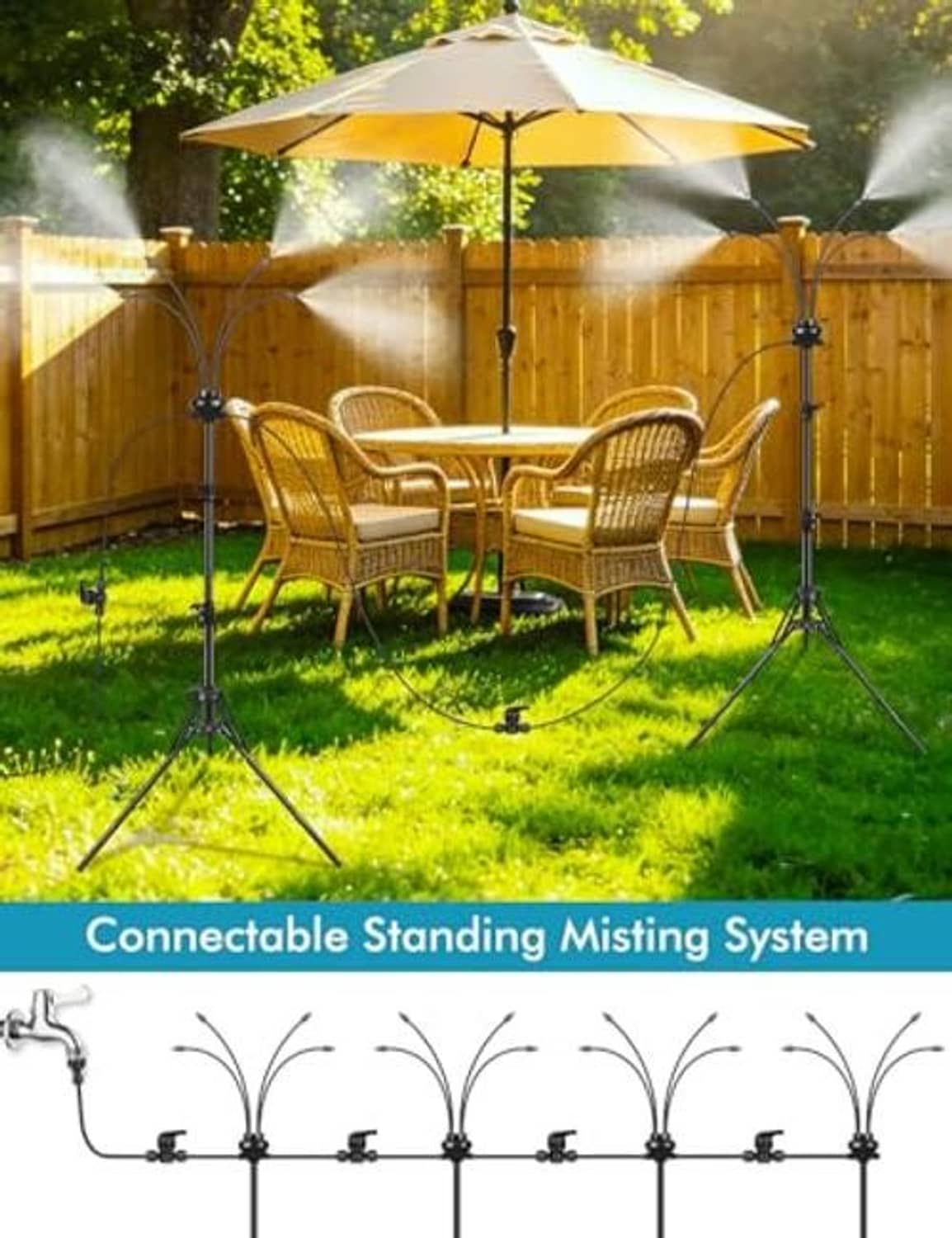 Black garden misting tripod with adjustable spray heads near patio furniture