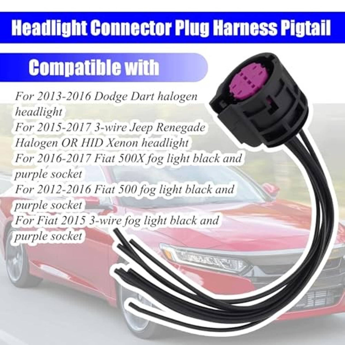 Headlight connector pigtail harness plug with black lead wires and purple socket