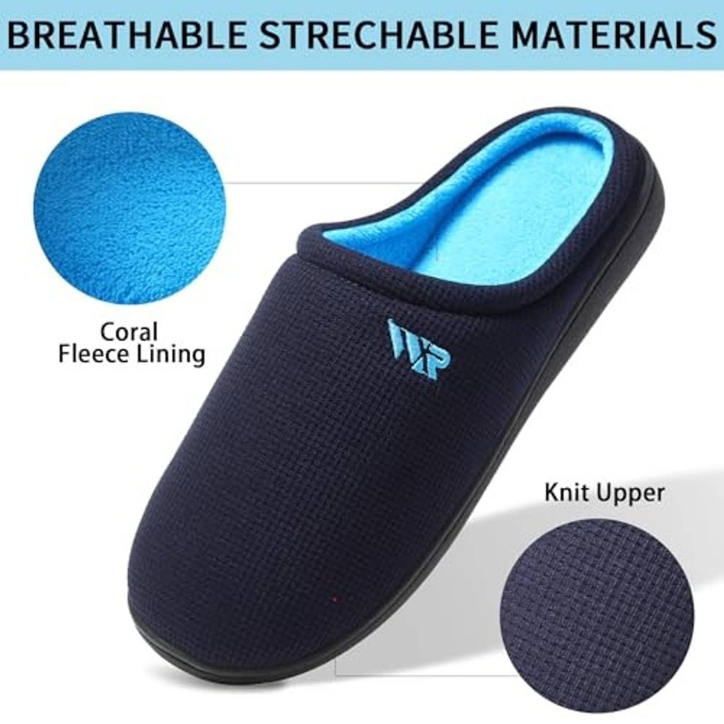 Navy knit slip-on slippers with blue fleece lining and knit upper panel