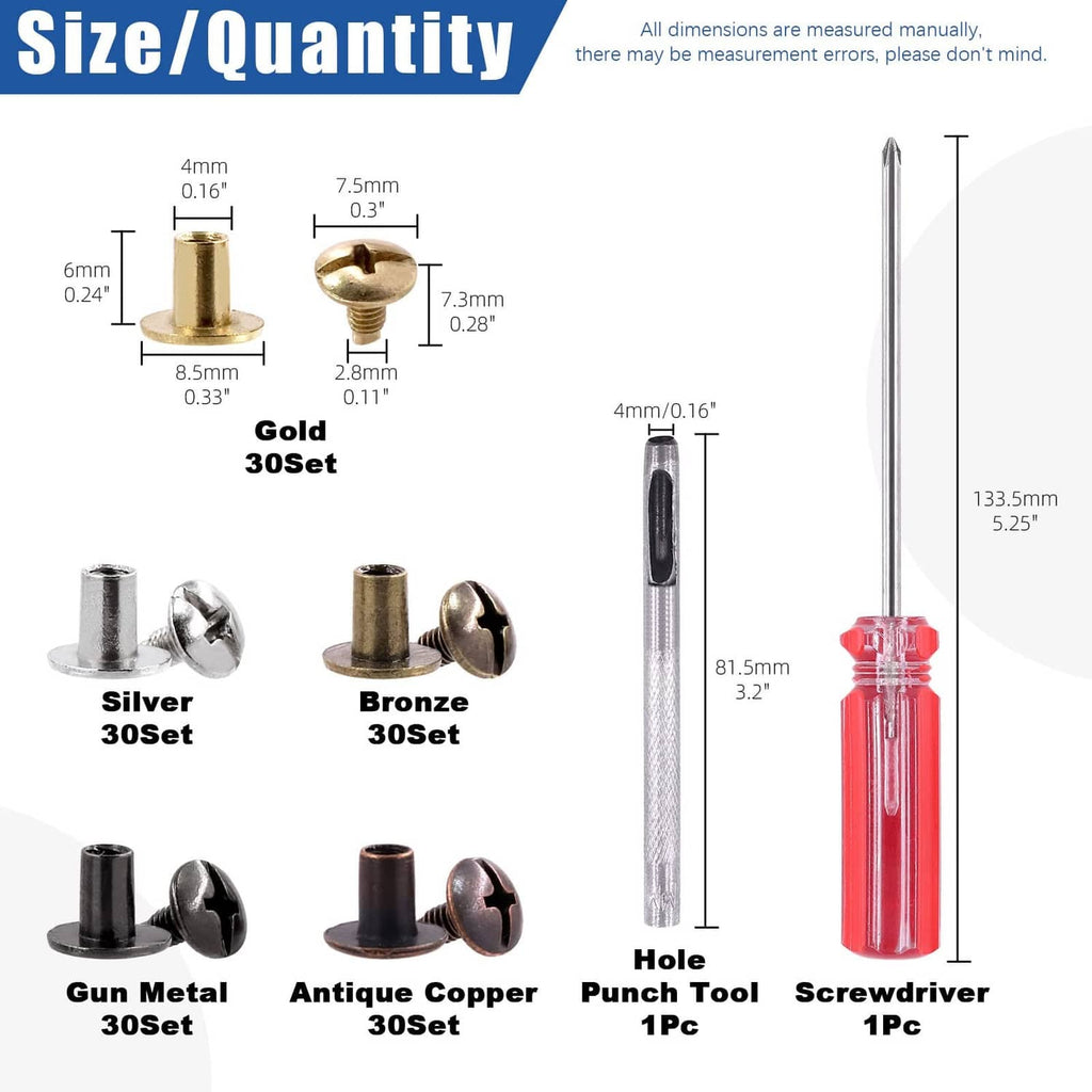 Chicago screw sizes chart with gold, silver, bronze, gun metal, antique copper sets and screwdriver