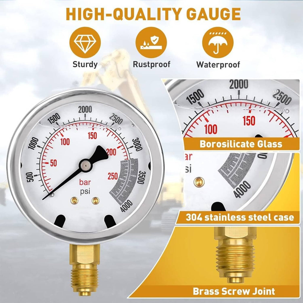 Close-up hydraulic pressure gauge with bar/psi dial, brass screw joint, and stainless case