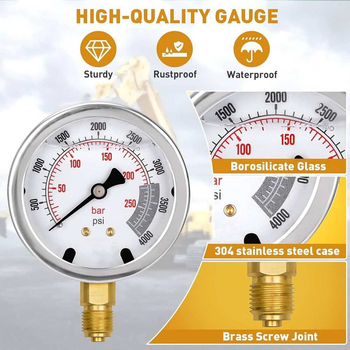 Close-up hydraulic pressure gauge with bar/psi dial, brass screw joint, and stainless case