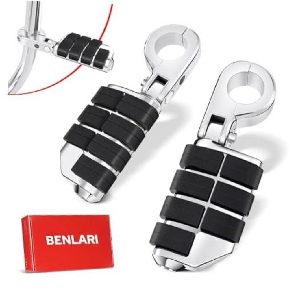 Chrome A3 steel motorcycle foot pegs with black rubber grip blocks and P-clamp mounts