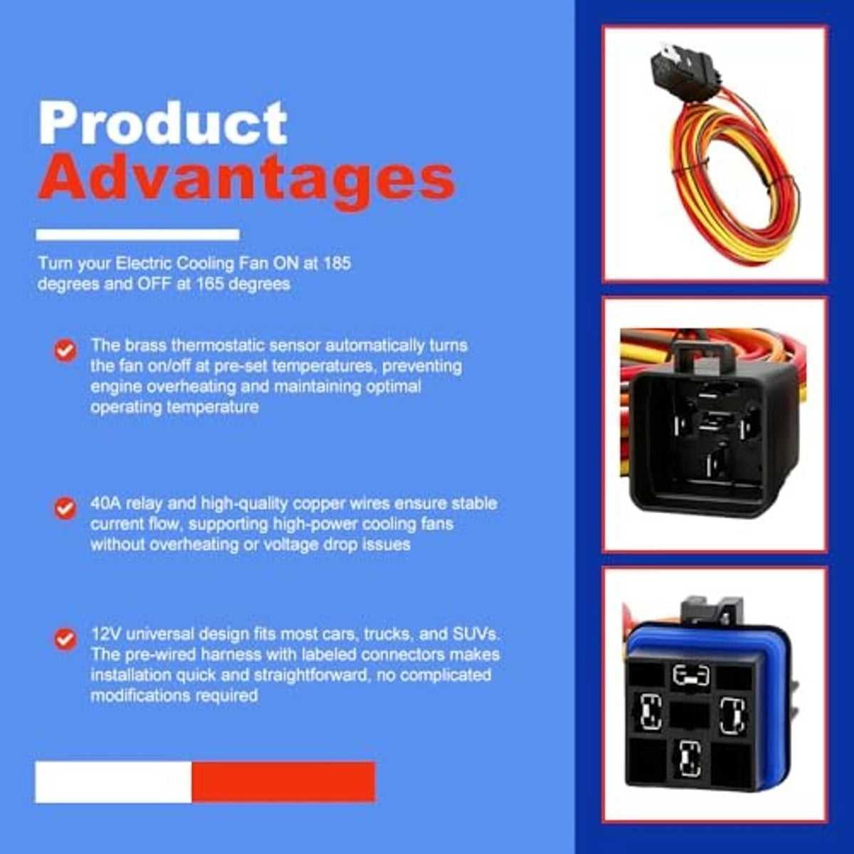 Electric cooling fan wire harness kit bundle with relay sockets, connectors, and printed instructions