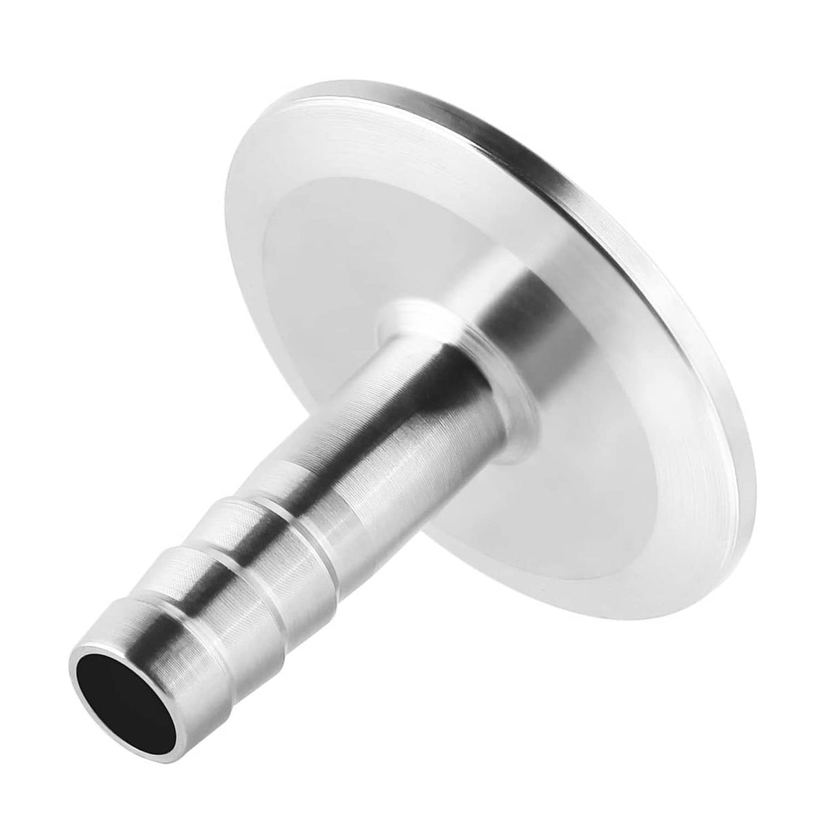 Stainless adapter fitting showing the round clamp plate and barbed hose tip