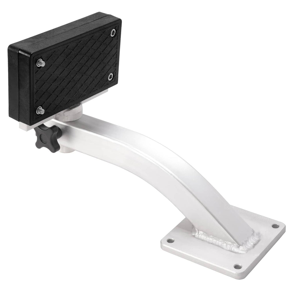Universal trolling motor bracket with black plate, silver arm, and square base mount