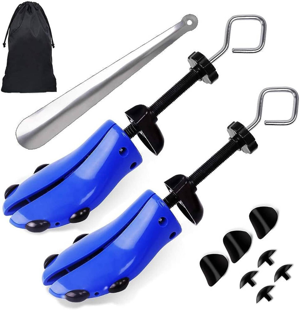 Adjustable shoe stretcher with blue plastic expander and black metal screw handle