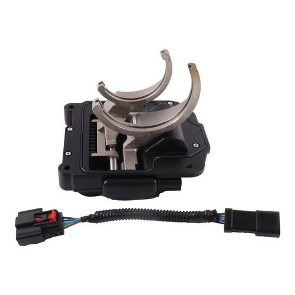 Transfer case actuator with curved metal arms and black module cover, includes wiring