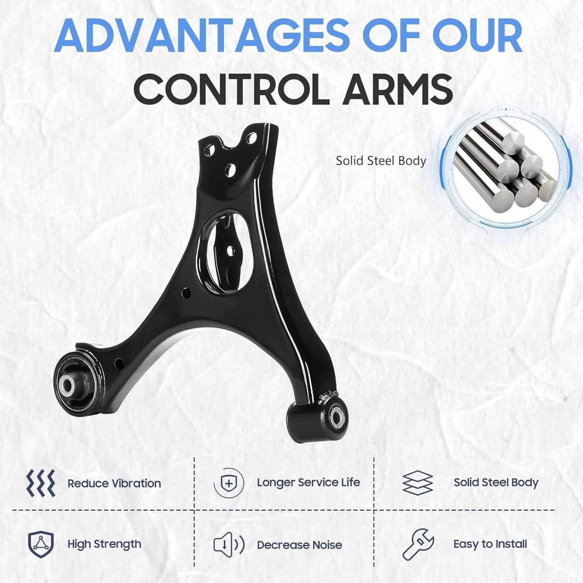 Black front control arm with two bushings and mounting holes