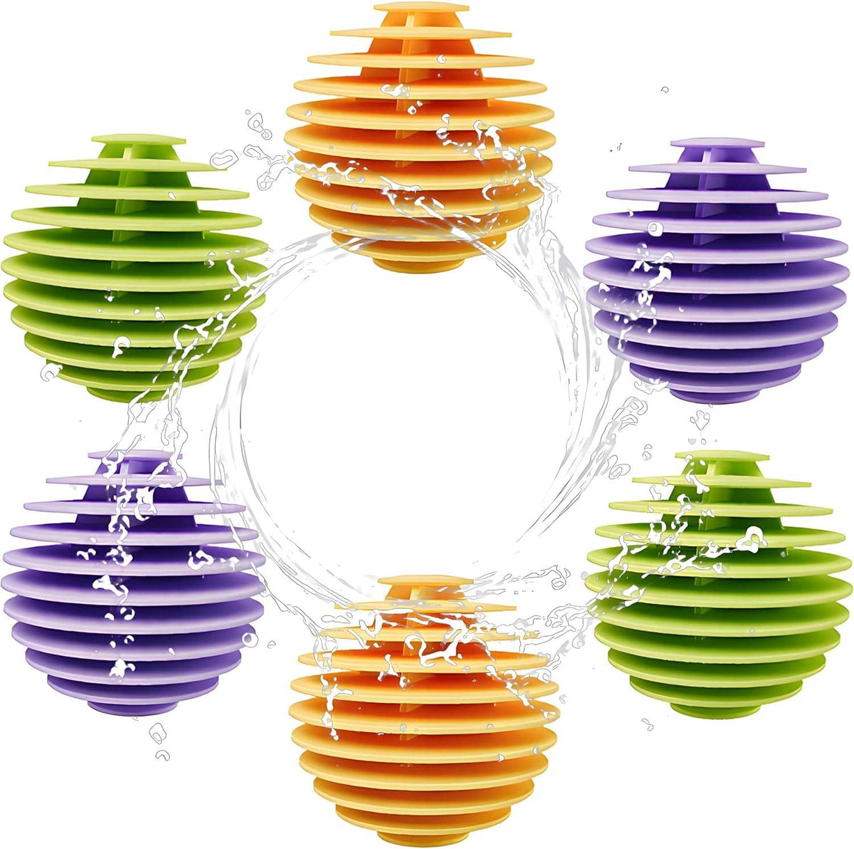 Ribbed reusable dryer balls, green and purple on sides with orange in center