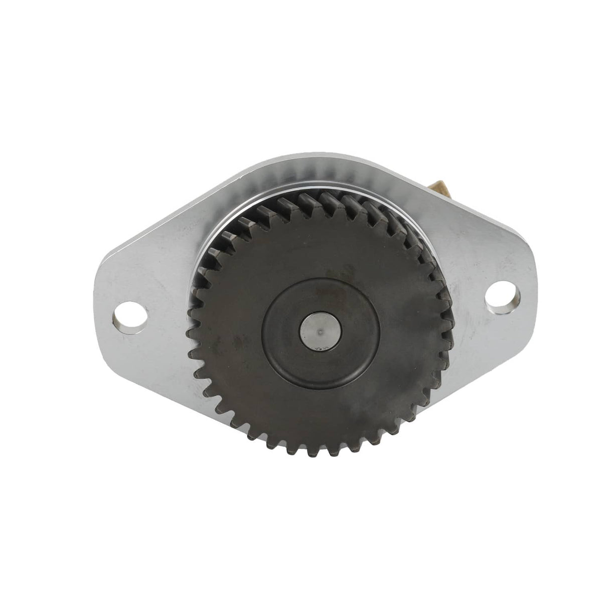 Raw water pump face view with toothed gear wheel and circular center disc