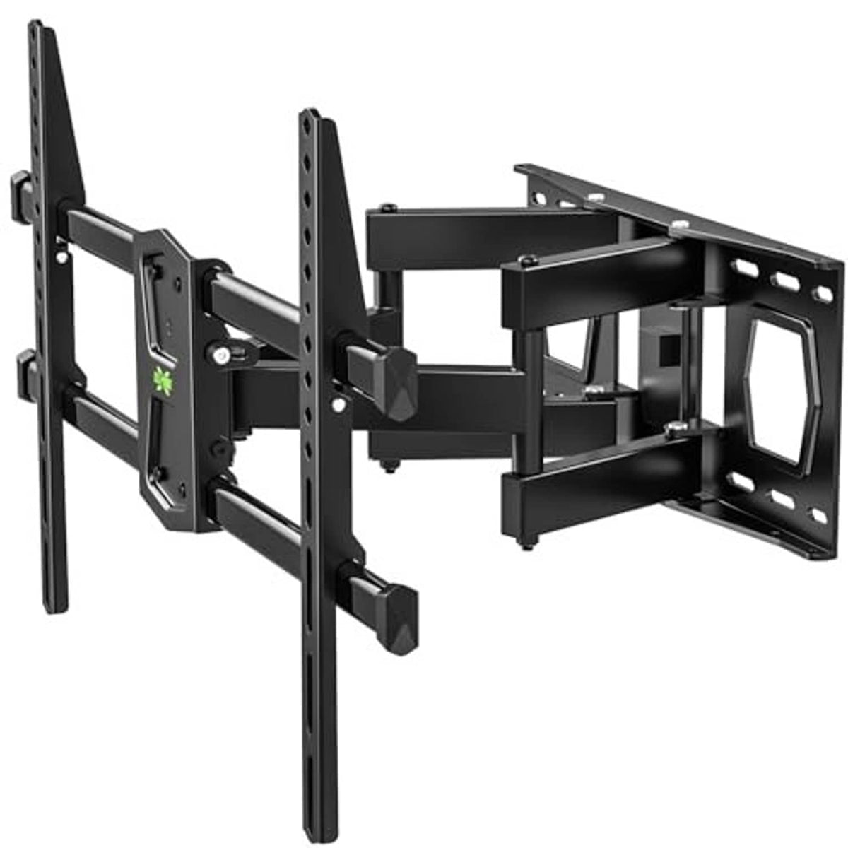 Black full motion TV wall mount with bracket arms and VESA mounting plate