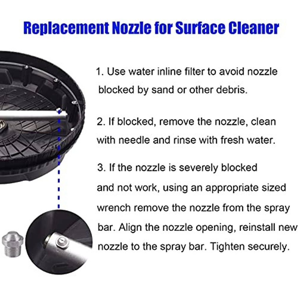 Replacement surface cleaner nozzle with threaded metal fitting and spray opening