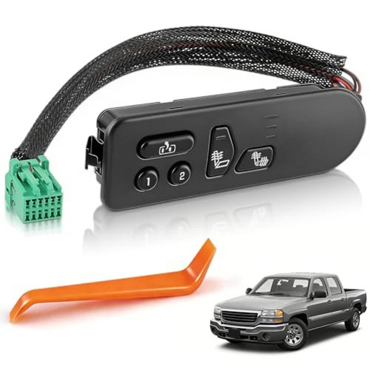 Driver side heated seat switch with heat icons, button 1–2, black control panel