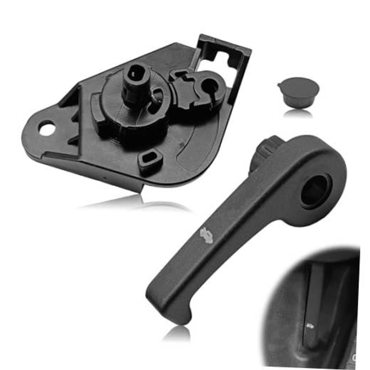 Dark gray hood release handle and latch mounting bracket assembly with mounting holes