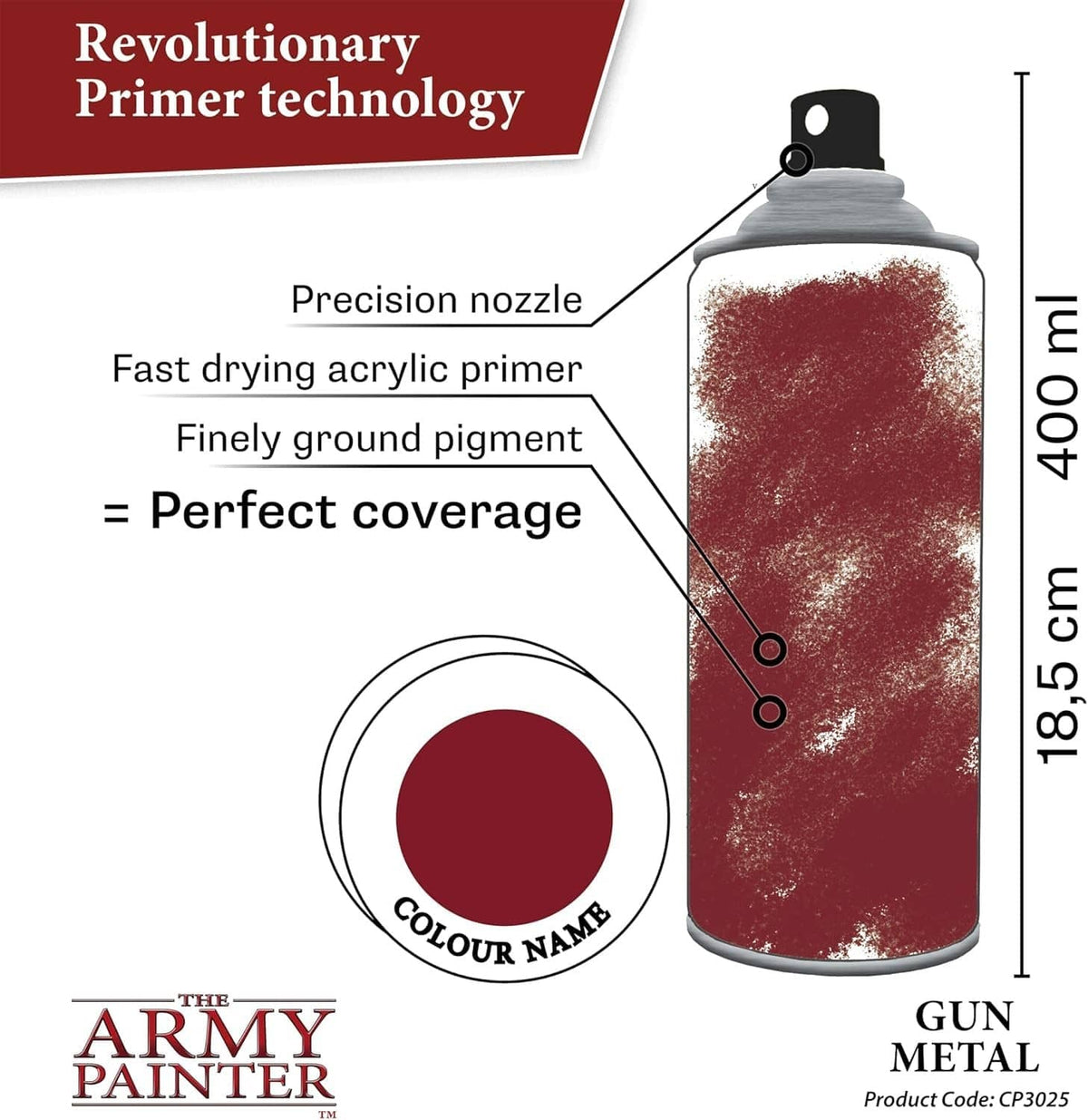 Gun metal primer spray can with precision nozzle and coverage information graphic