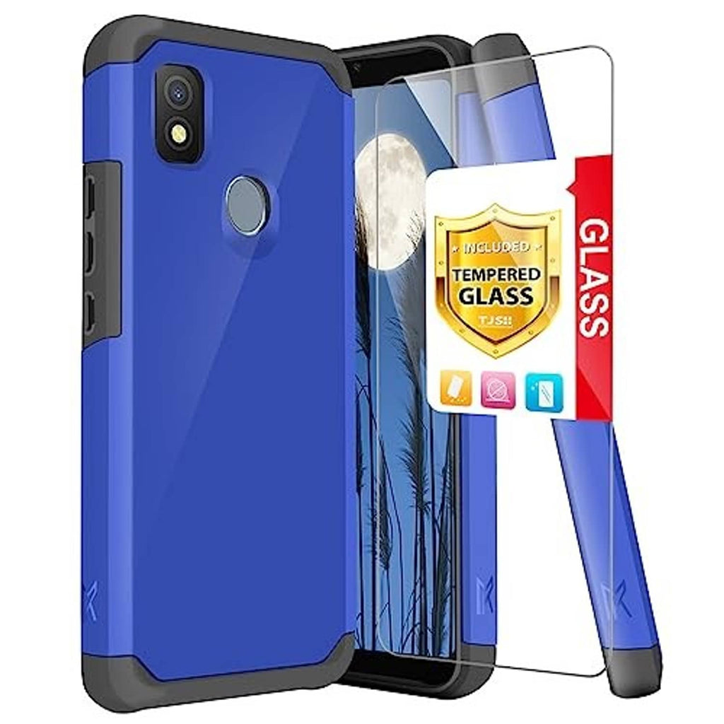 Blue rugged phone case with tempered glass screen protector and triple camera cutout.