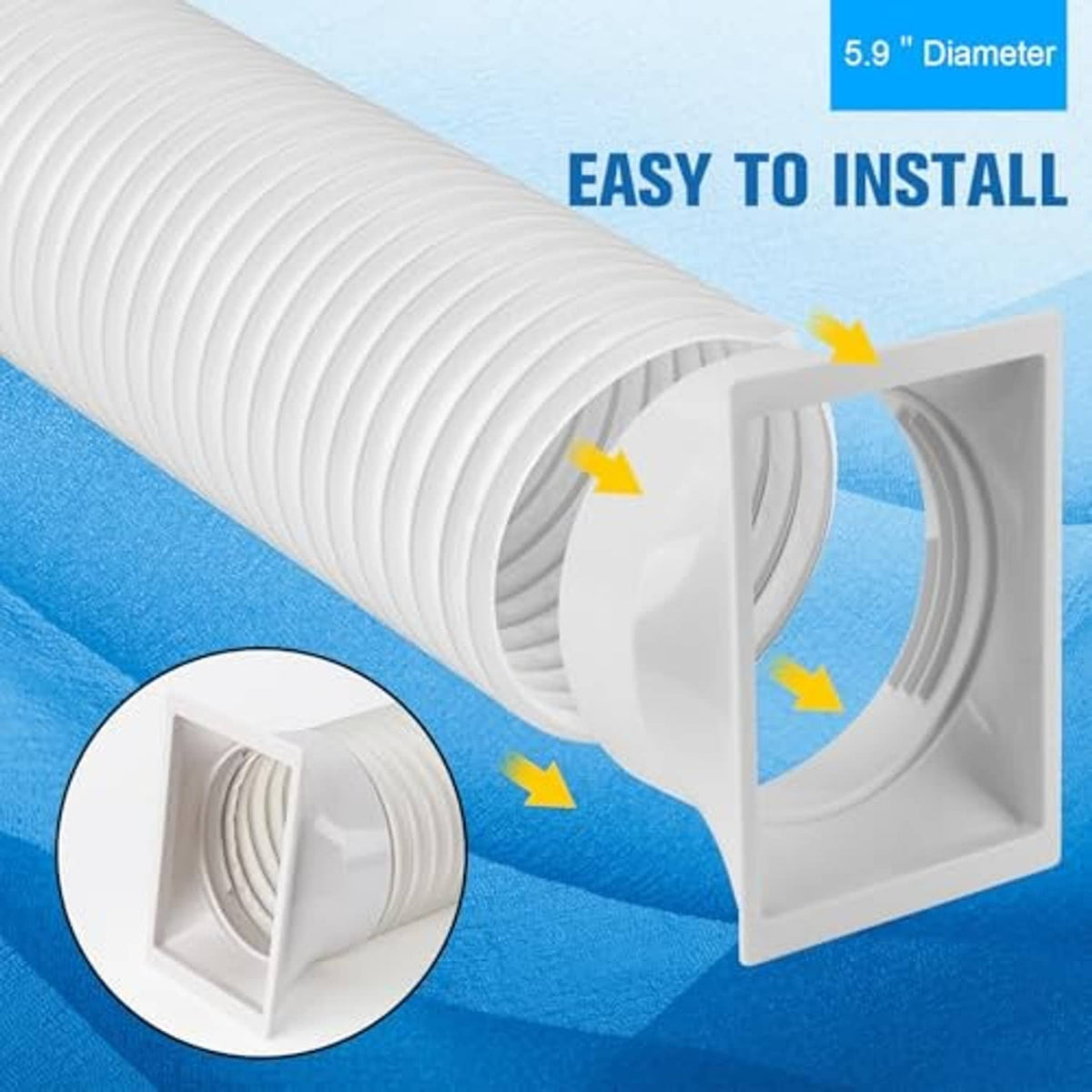 5.9 in exhaust hose and window coupler adapter, white ribbed flexible duct and end frame
