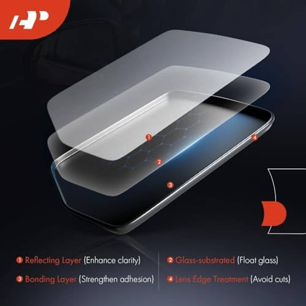 Heated mirror glass assembly diagram showing reflective and glass bonding layers