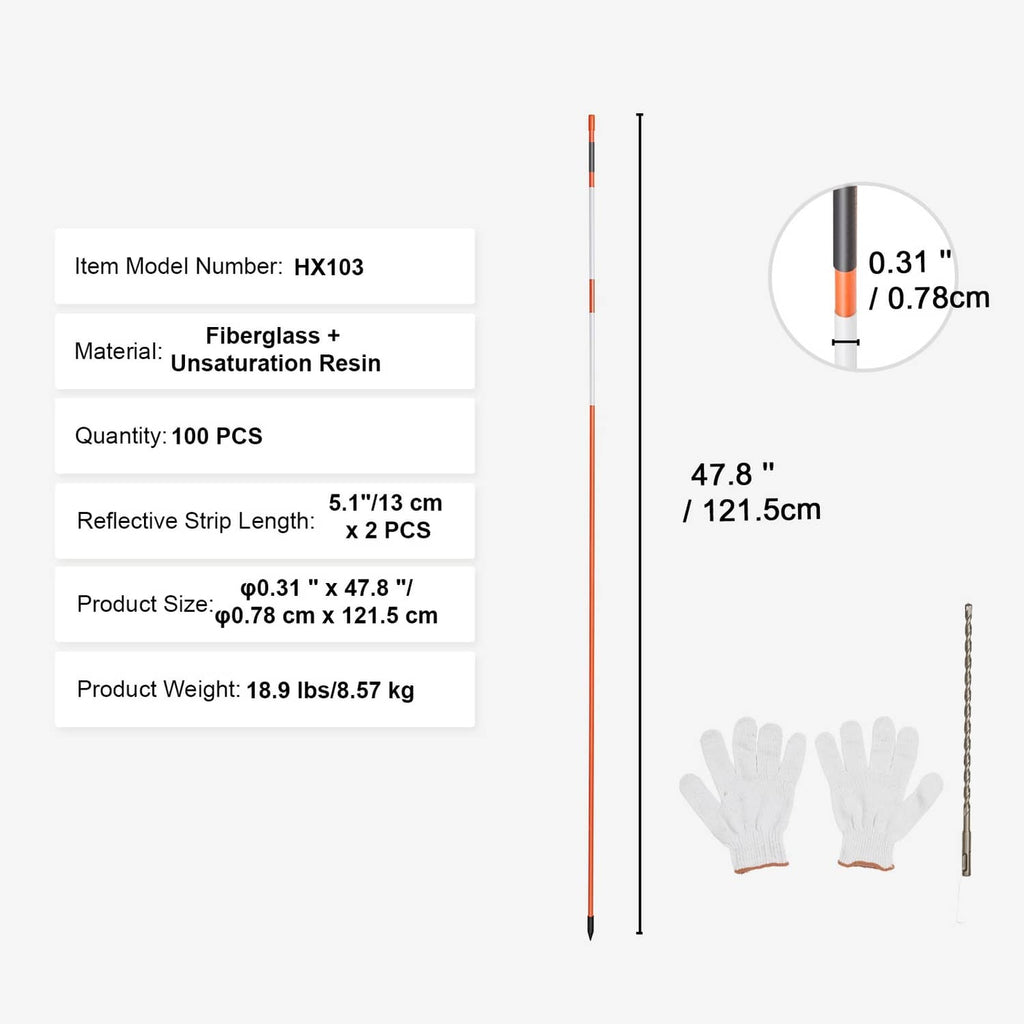Orange-and-white fiberglass driveway marker stake with reflective strip and pointed end