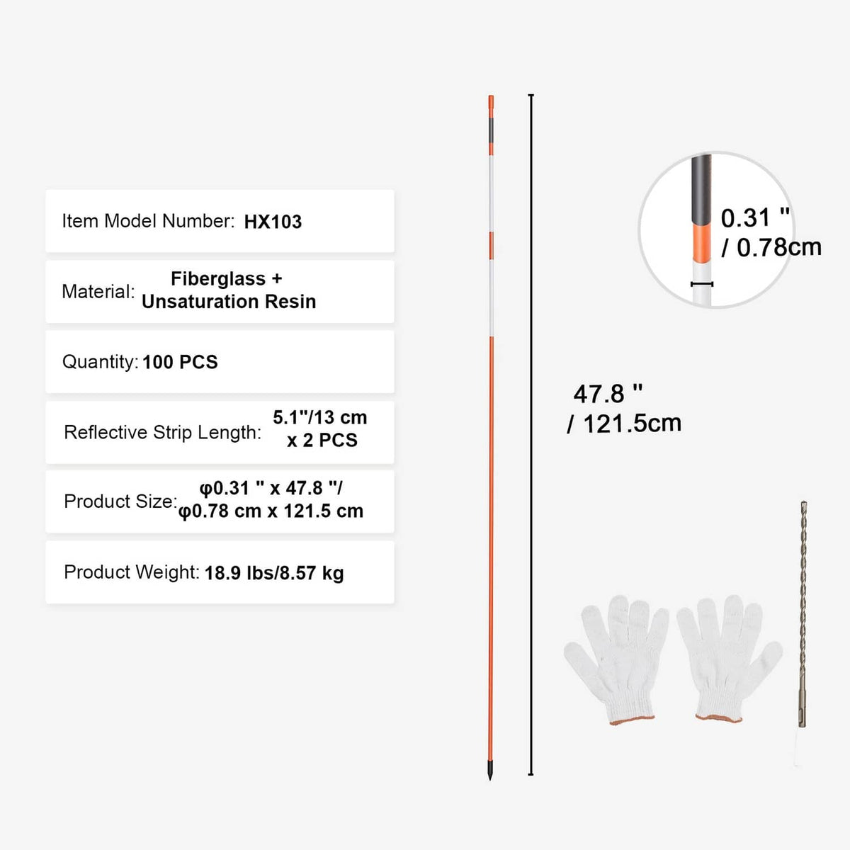 Orange-and-white fiberglass driveway marker stake with reflective strip and pointed end