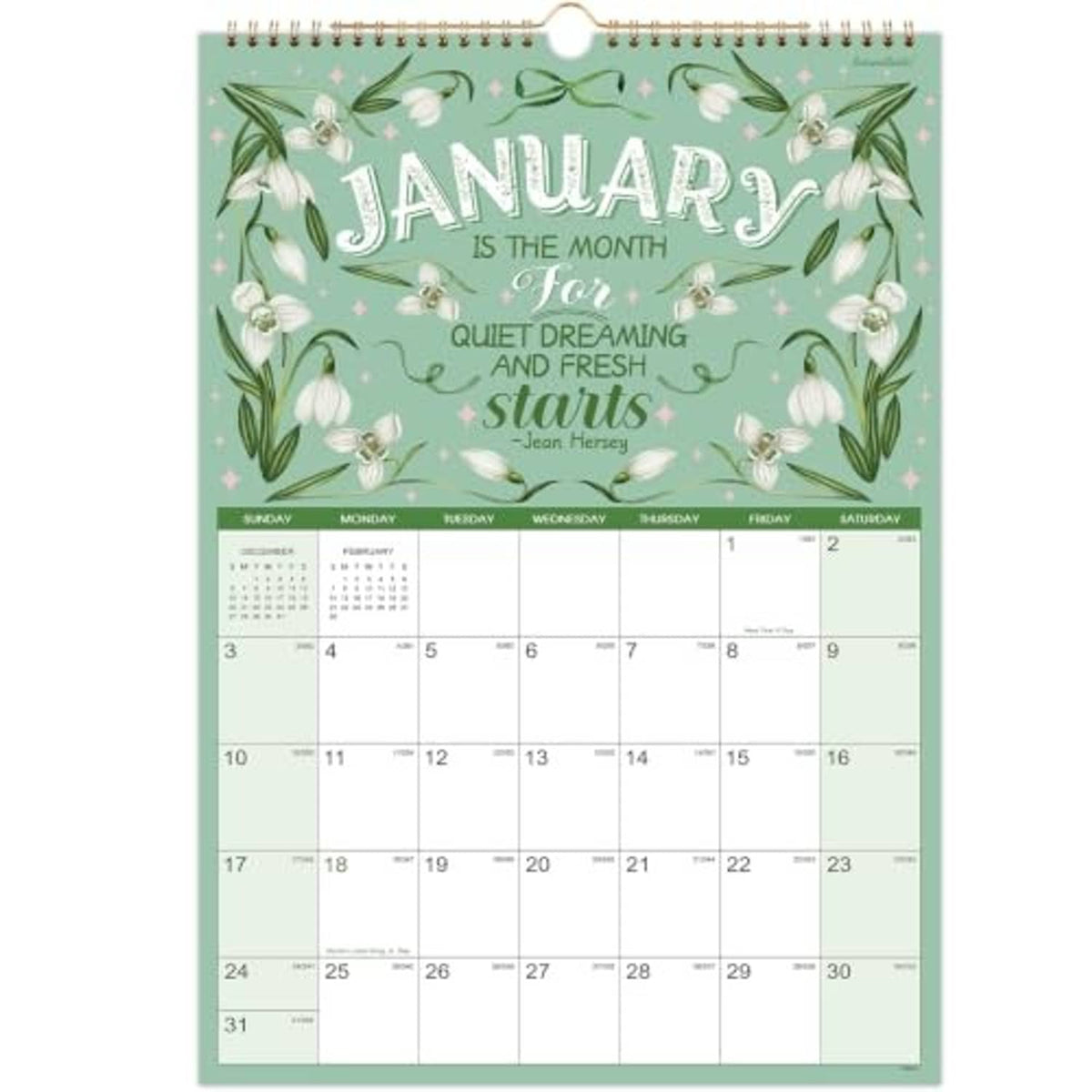 January 2027 wall calendar on spiral with mint floral design and weekly date grid