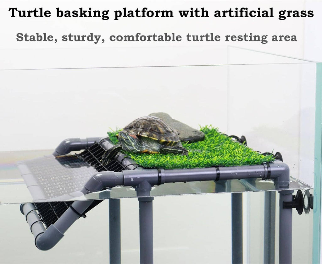 Extra-large turtle basking platform with artificial grass resting area and ramp in aquarium