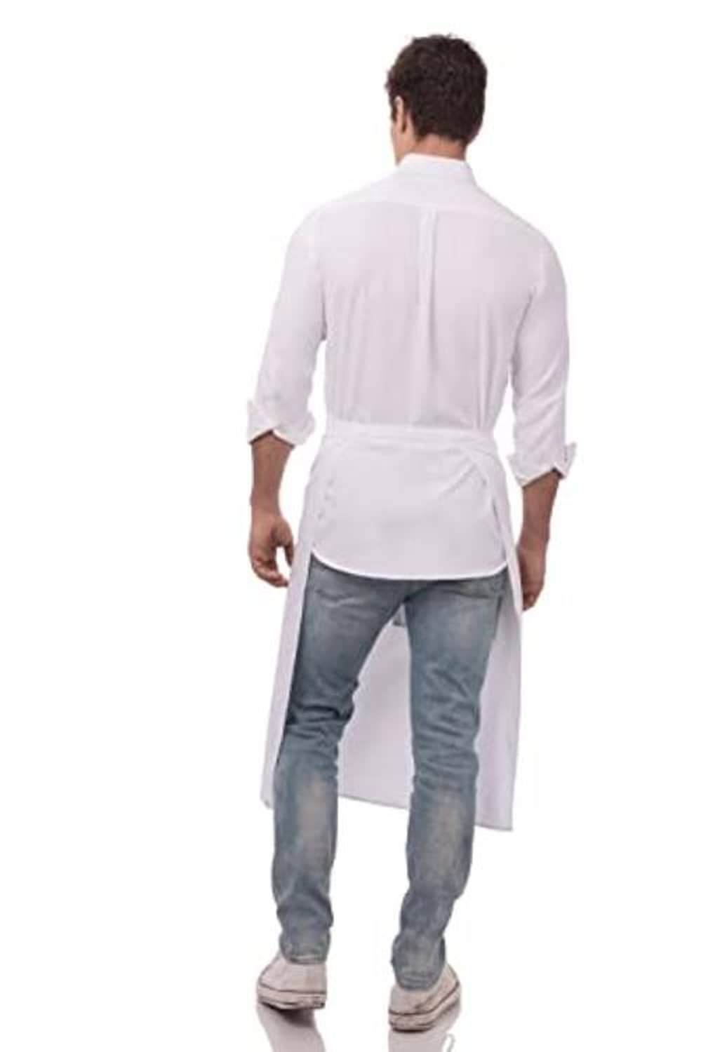 White chef apron back view with shoulder yoke and waist tie belt.