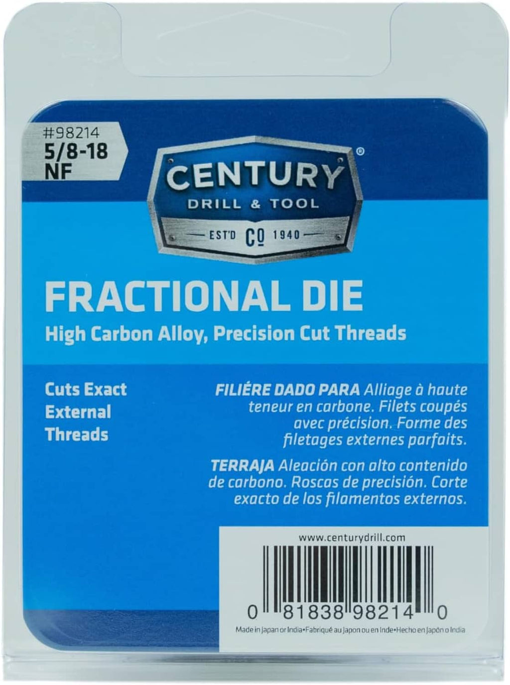 CENTURY FRACITIONAL DIE product package for 5/8-18 NF external threads