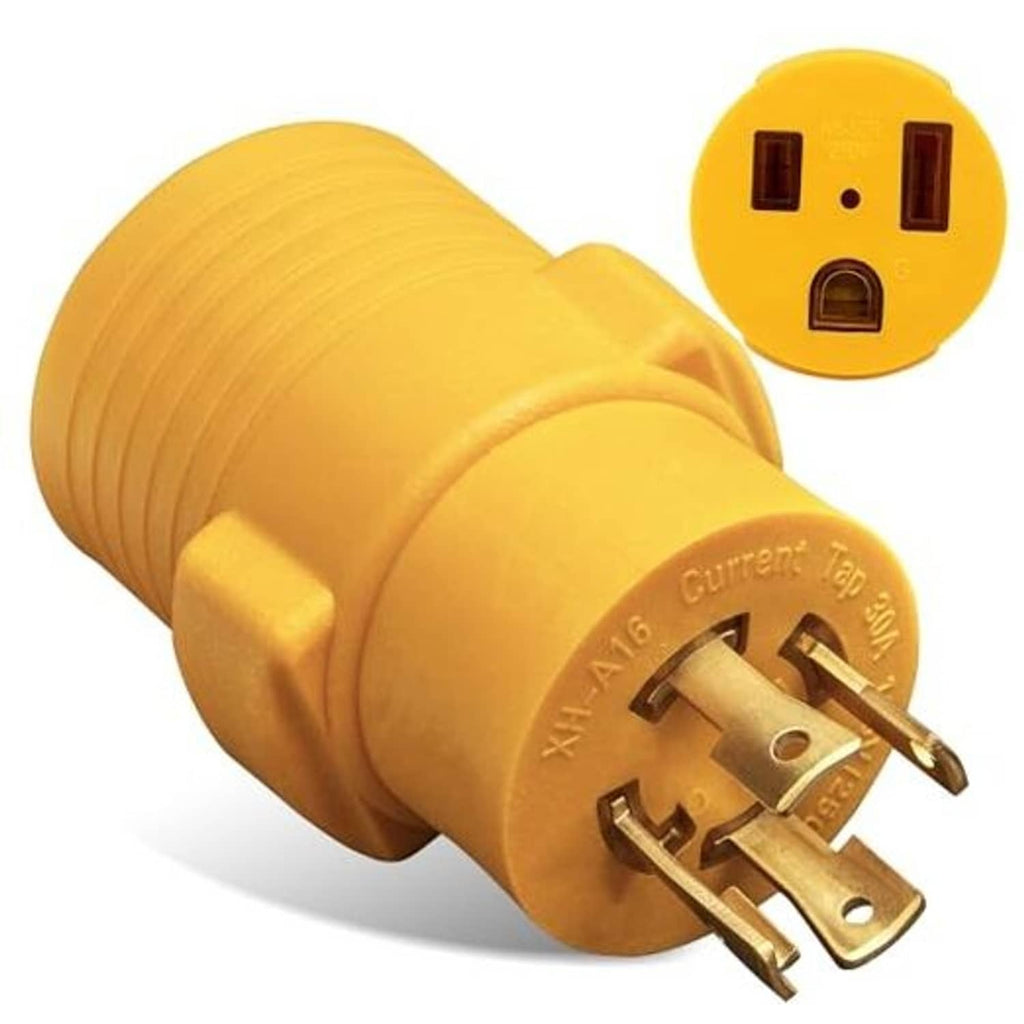 Yellow adapter plug face with two slots and round ground, with exposed blade prongs